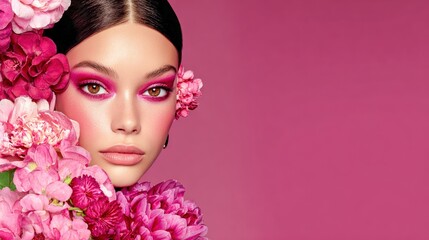 Fototapeta premium Floral makeup portrait with vibrant pink hues