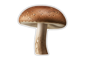 Close-up of a brown mushroom with a textured cap and a light-colored stem, highlighted against a pure black background.
