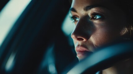 Close medium shot capturing a drivers concentrated expression as biometric ignition scanner processes heartsignal data with the car interior softly out of focus to highlight