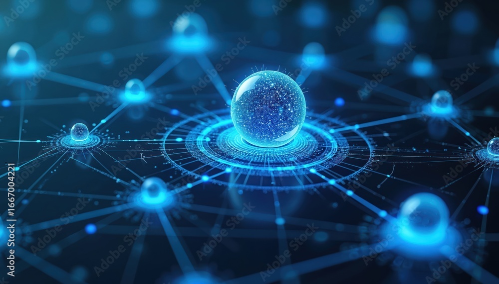 Poster digital network illustration showcases glowing blue nodes connected by lines forming a protective ma