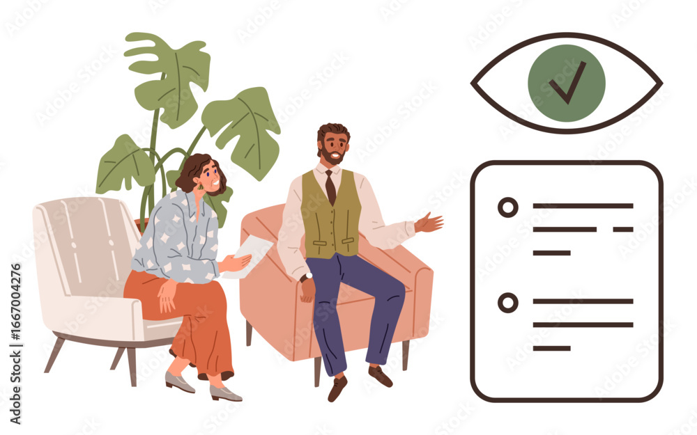 Poster two professionals discuss tasks while seated on chairs next to a checklist and eye confirmation grap