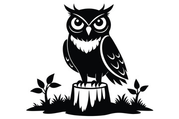 Stylized Black Owl Perched on Tree Stump with Grass and Small Sprouts Illustration