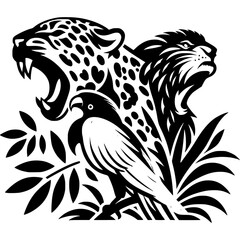 Obraz premium Majestic Wildlife Silhouette: A striking illustration showcases the primal power of the jungle, featuring a roaring jaguar and lion with a keen-eyed hawk poised among vibrant foliage.