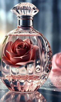 Elegant Perfume Bottle Featuring a Pink Rose Inside with Sparkling Details against a Blurred Backdrop
