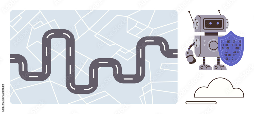 Poster robot holding shield beside curved road on map grid, cloud connection below. ideal for ai security, 