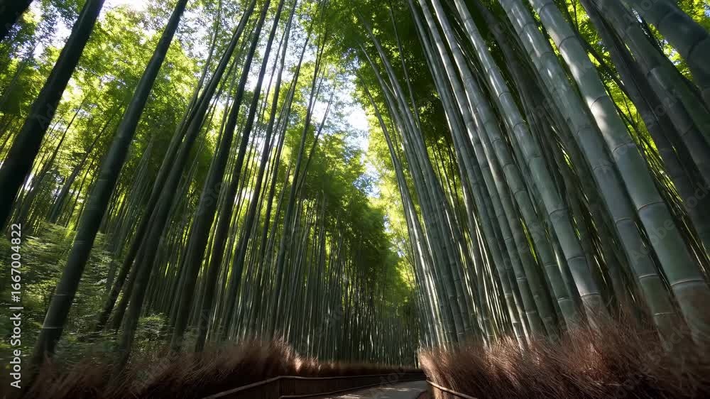 Poster serene bamboo forest path captured from a low-angle, creating a tunnel effect. ideal for a calming n