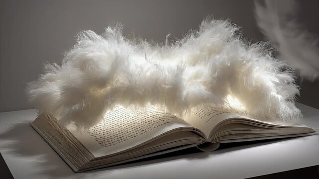 Open book draped with a profusion of white feathers