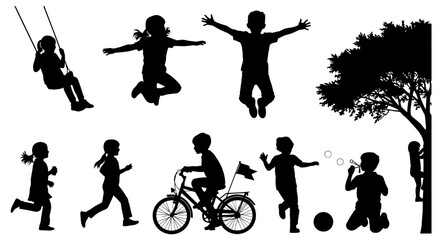 Joyful children silhouettes play and swing under a tree, creating happy childhood memories outdoors