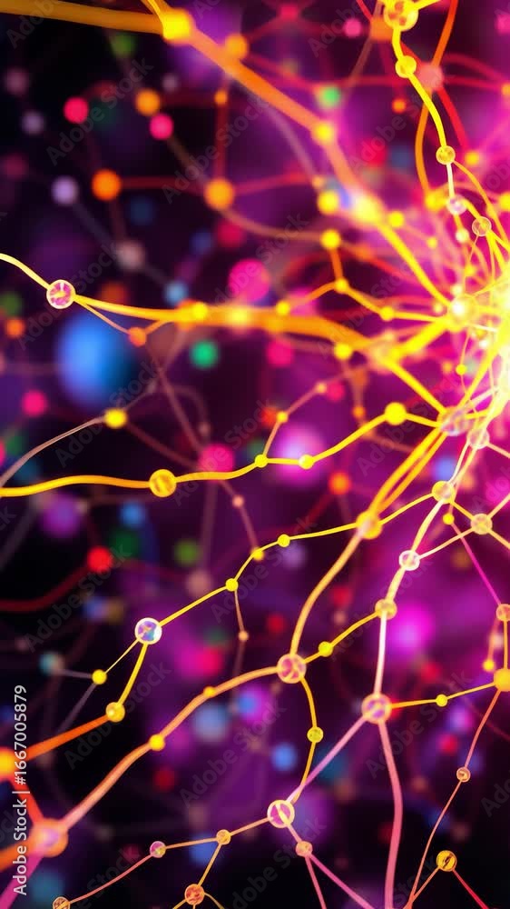 Poster futuristic neural network animation video with glowing brain connections and artificial intelligence