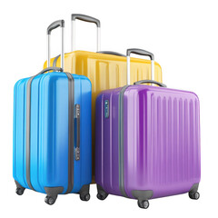 Three colorful suitcases of different sizes isolated on transparent background