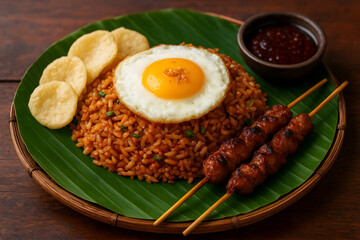 Indonesian Nasi Goreng with Fried Egg, Satay, Crackers, and Sambal