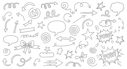Doodle elements set arrows speech bubbles stars ribbons and bows for creative projects