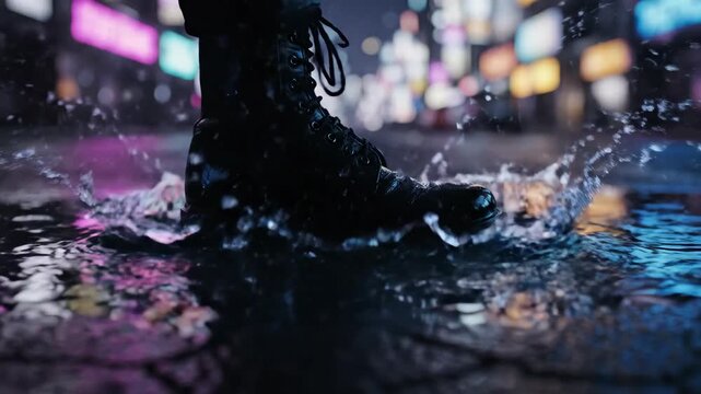 A close up of a person's black boot splashing in a puddle on a wet city street at night with colorful neon lights reflecting in the rippling water