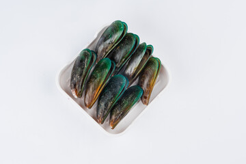 Close up view of several green and brown mussels arranged on a small square white plate against a white background.