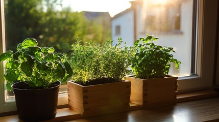 Fresh herbs in kitchen window garden