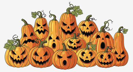 Spooky Halloween pumpkin patch featuring a variety of carved jack-o'-lantern faces for festive decoration