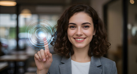 Smiling businesswoman using futuristic touchscreen technology innovative interface digital world modern office professional career success future technology digital transformation