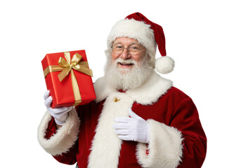 Elderly caucasian man as santa claus in red velvet suit, holding a red gift box with gold ribbon, smiling on white studio background, embodying holiday tradition and joy