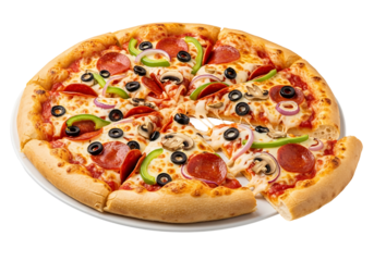 A delicious pizza with pepperoni, olives, mushrooms, onions, and bell peppers, sliced on a white plate against a black background.