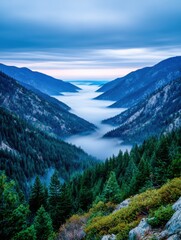 Majestic valley surrounded by mountains at dawn
