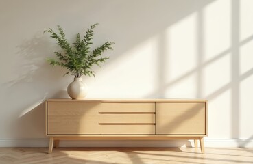 Light wood modern cabinet with minimalist design. Features clean lines, three drawers, single door, topped with vase holding green plant. Sunlight casts geometric shadows on white wall, creating