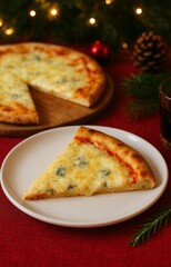 Gourmet 4-cheese pizza served for holiday celebration.