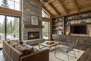Cozy mountain cabin living room with stone fireplace and wood accents