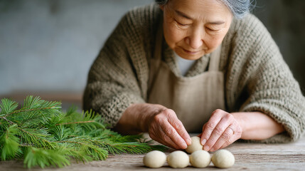 Woman arranging kagami mochi on wooden platform for traditional japanese new year celebration
