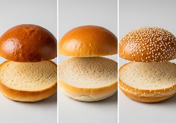 Three burger buns, various toppings