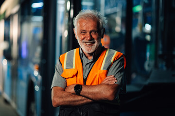 Obraz premium Senior engineer smiling with crossed arms in factory