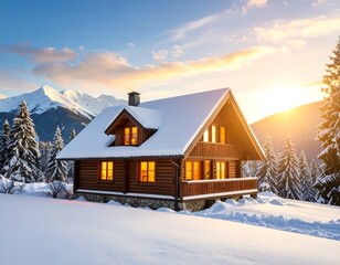 Cozy cabin with snowy mountains, and sunset.
