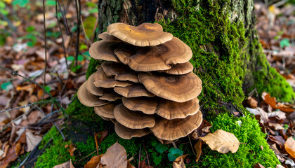Bracket fungus growing on moss covered tree trunk in autumn forest