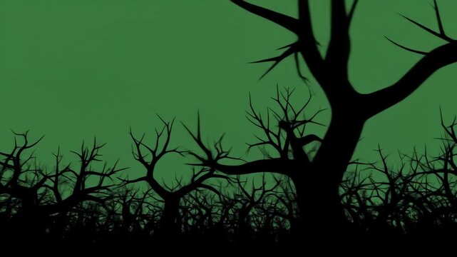 Shadowed Grove: Whispers in the Dark Woods, Spooky Silhouette Forest, Eerie Green Sky, Nightmare Trees, Halloween Backdrop, Creepy Woods, Forest of Fear, Dark Fantasy Landscape, Mystical Forest