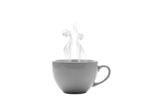 A white ceramic mug filled with a steaming beverage, displaying graceful, abstract swirls of vapor rising from the liquid.