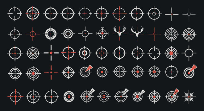 Diverse collection of crosshair targeting reticles and scopes for precision aiming and focus on dark background