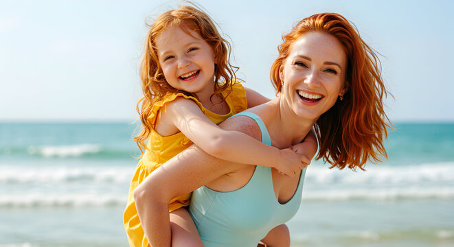 Happy mother and daughter enjoying summer beach fun piggyback ride playful family bonding sunny day ocean background joyful laughter carefree childhood memories