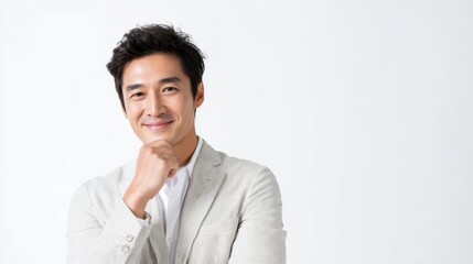 A confident young man smiles while casually leaning on his hand. This stylish portrait exudes professionalism and charm. Ideal for corporate and lifestyle themes. AI