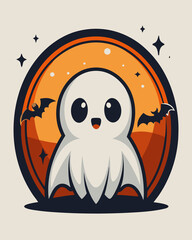 Obraz premium Adorable Halloween ghost with bats for spooky season decorations and festive party invitations, creating a fun and playful atmosphere