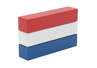 Photo of netherlands flag represented by stacked red, white, and blue blocks, on white