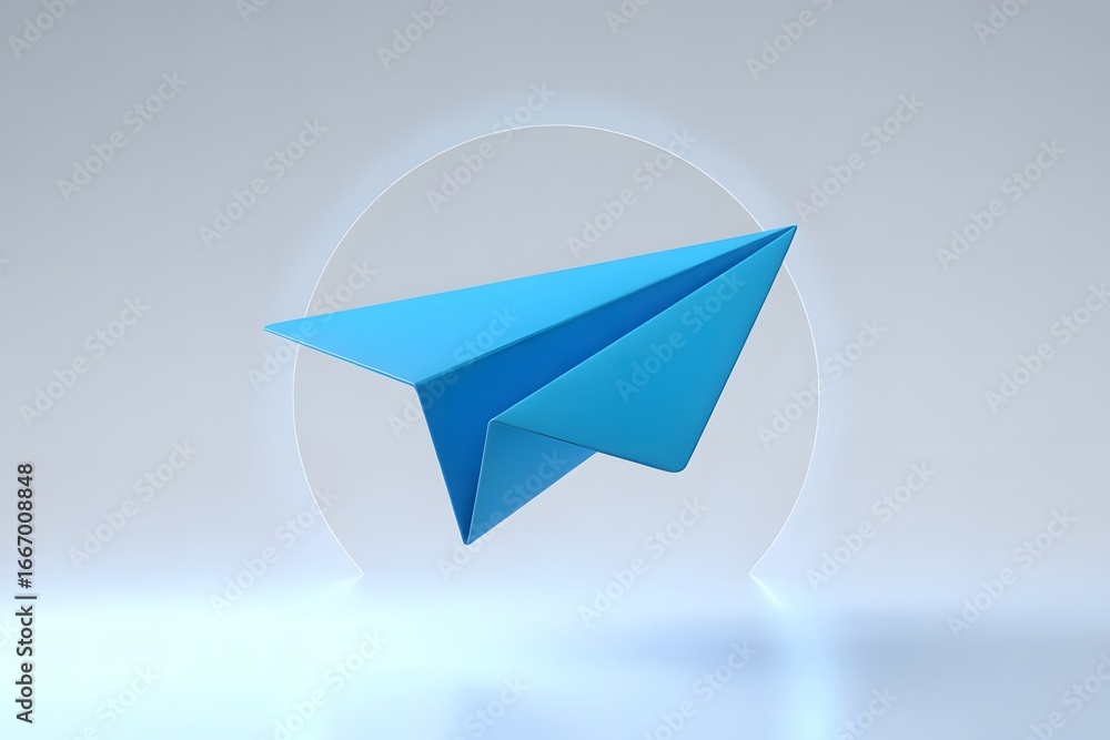 Aufkleber minimalist 3d render of a blue paper airplane against a soft gradient background with a circular ele