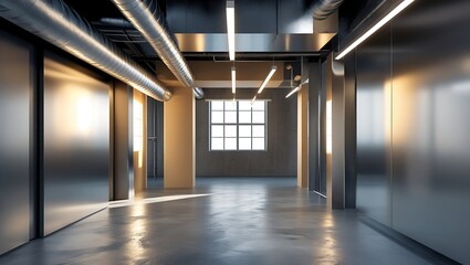 A modern industrial background with metallic sheen, polished concrete, exposed ducts, and minimal lighting in grays and silvers with beige accents, exuding sleek urban sophistication.