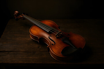 Fototapeta premium Serene Symphony: An elegant violin rests on a rustic wooden surface, bathed in a soft glow, exuding an aura of refined artistry and harmonious sound.