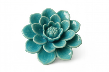 Vibrant turquoise ceramic flower with detailed petals, isolated on a transparent background, perfect for design projects