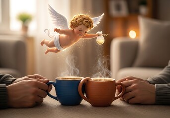 Cupid delivers a warm drink