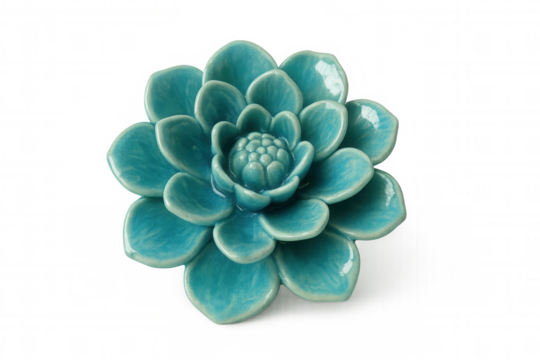 Vibrant turquoise ceramic flower with detailed petals, isolated on a transparent background, perfect for design projects