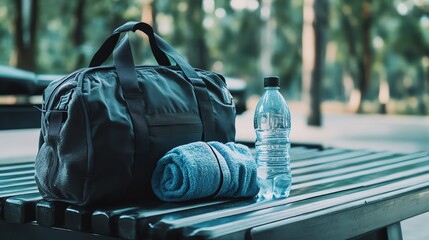 Naklejka premium Gym bag with towel and water bottle on bench
