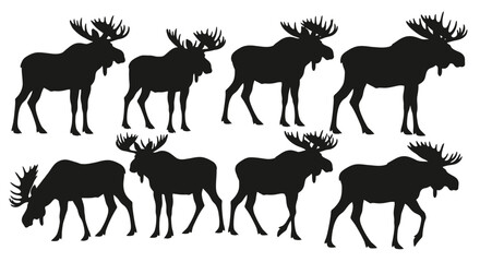 Multiple moose silhouettes are arranged in two rows against a white background, showcasing their distinctive antlers and body shapes.