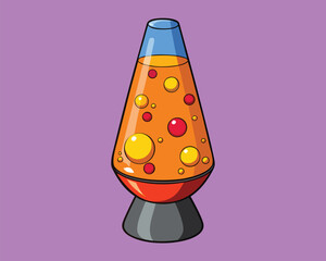 Vector art of a colorful lava lamp with glowing orange bubbles in liquid, creating a mesmerizing and relaxing ambiance on a purple background