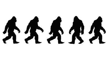 Five Bigfoot silhouettes walking forward, iconic cryptid exploration and mystery