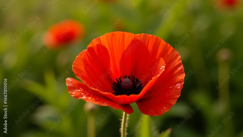 Poster artistic close-up of a red poppy, textured petals highlighted with shimmering droplets, captured wit